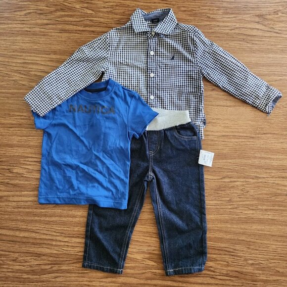 Nautica Jeans Outfit Bundle 3 Piece Set Lot Long Sleeve Shirt Short Sleeve 2T - Picture 1 of 6